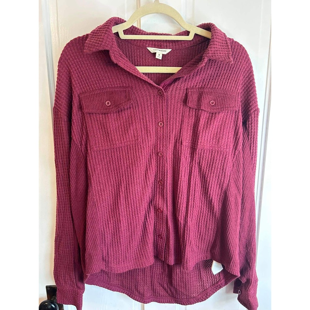 Lucky Brand Waffle Knit Button Down Women Medium Burgundy Thermal Long Sleeve